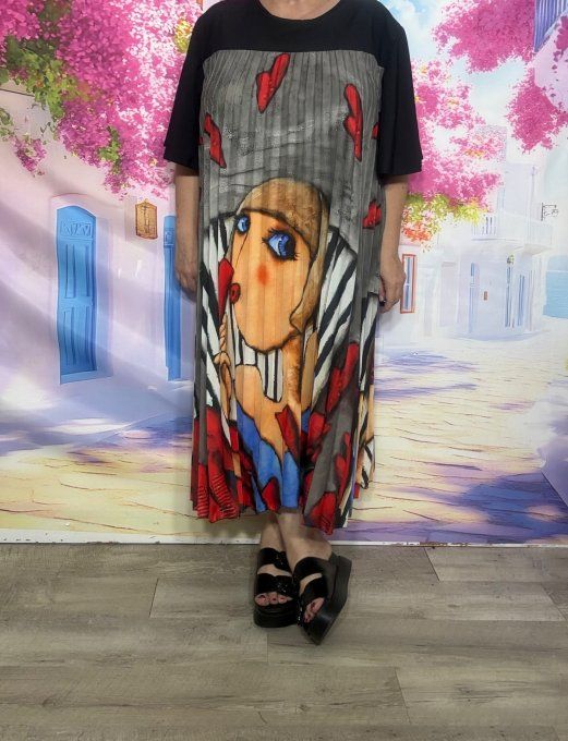 Robe mi-longue plissée noire marbrée grise Picasso Hearts Woman du 40 au 52 