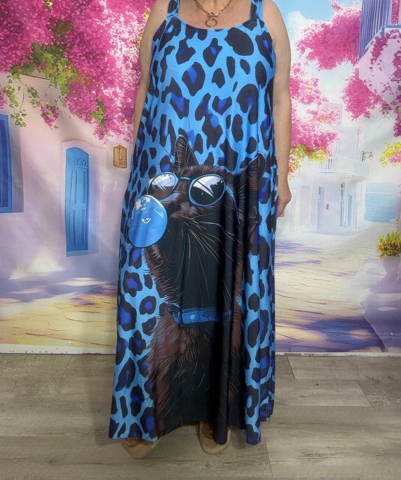 Robe à bretelles trapèze longue Lycra léopard bleu et noir Bubble Chat noir du 40 au 50/52