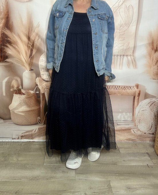 Robe longue tulle marine et plumetis  fines bretelles réglables du 38 au 48 