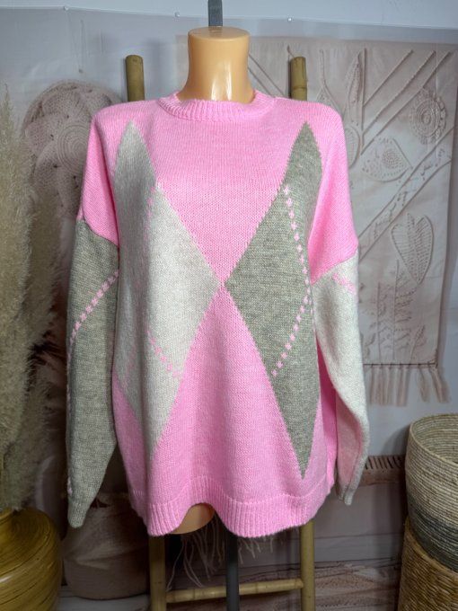 pull ample rose bonbon Argyle losanges beige camel chiné douceur +++ du 36 au 46/48