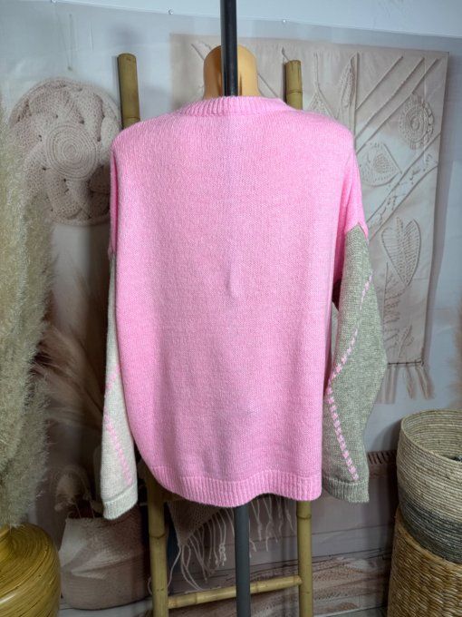 pull ample rose bonbon Argyle losanges beige camel chiné douceur +++ du 36 au 46/48