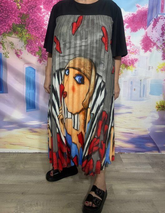 Robe mi-longue plissée noire marbrée grise Picasso Hearts Woman du 40 au 52 