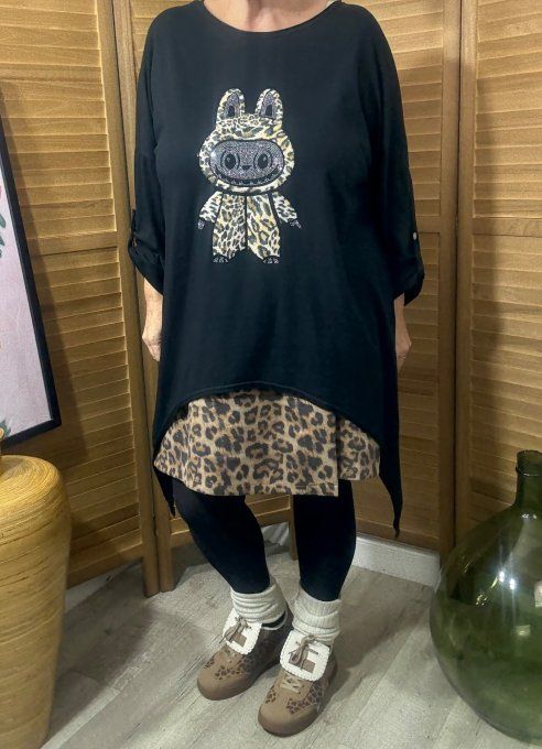 Tunique asymétrique noire Labudu Léopard strass du 40 au 50/52
