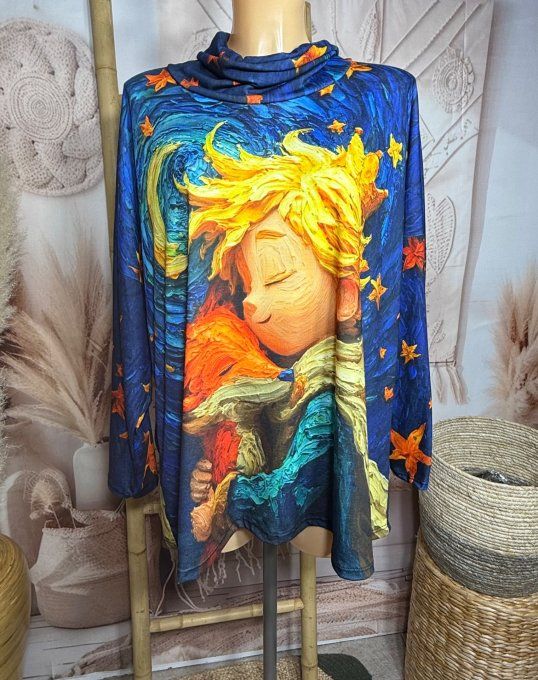 Top ample col bénitier Le Petit Prince façon La Nuit étoilée de Van Gogh du 42 au 54/56  