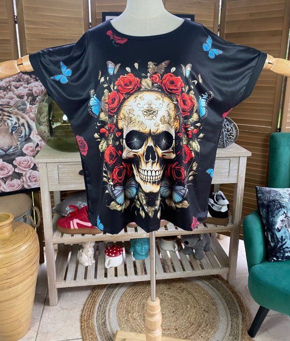 Top ample noir Mexican Skulls & Red Roses du 38 au 48/50