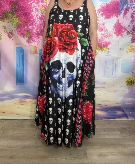 Robe à bretelles trapèze longue Lycra noir Skulls TDM & Red Roses du 40 au 50/52 