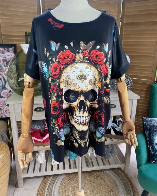 Top ample noir Mexican Skulls & Red Roses du 38 au 48/50