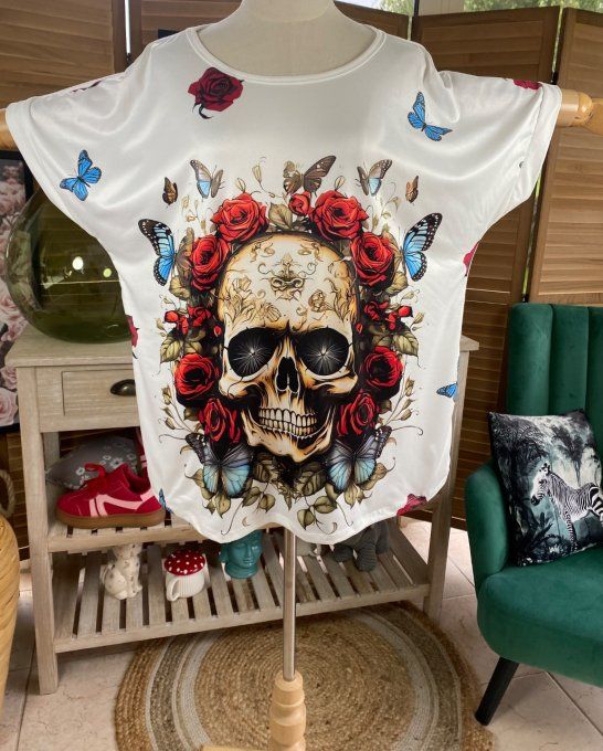 Top ample blanc Mexican Skulls & Red Roses du 38 au 48/50