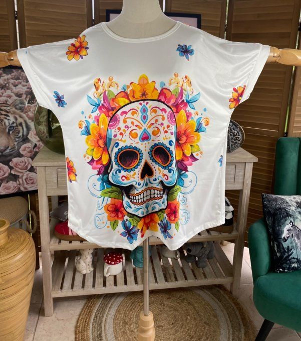 Top ample blanc Mexican Skulls Calaveras & Fleurs du 38 au 48/50 