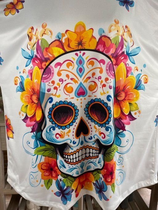 Top ample blanc Mexican Skulls Calaveras & Fleurs du 38 au 48/50 