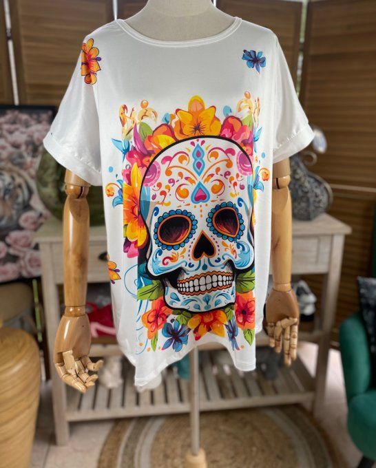 Top ample blanc Mexican Skulls Calaveras & Fleurs du 38 au 48/50 