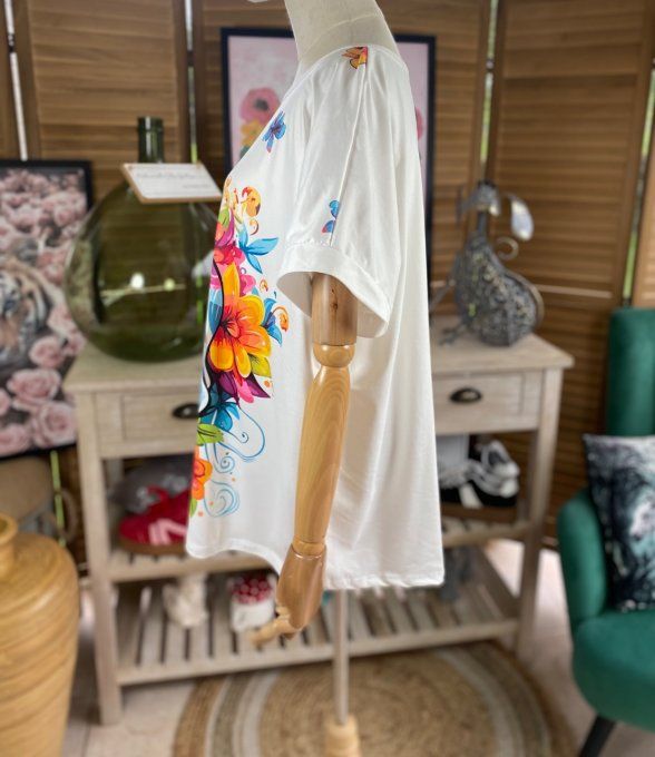 Top ample blanc Mexican Skulls Calaveras & Fleurs du 38 au 48/50 