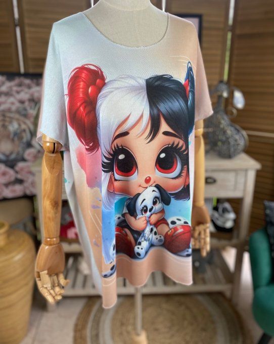 Top fin ample multicolore La Fillette et le chien Dalmatien du 40 au 52 