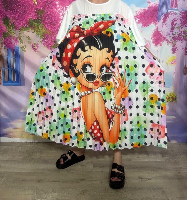 Robe mi-longue plissée blanche pois multicolores Betty Boop Pin Up du 40 au 52  