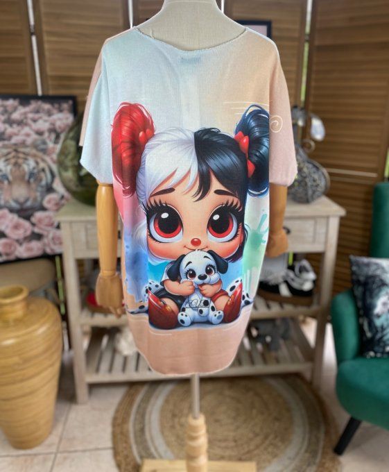 Top fin ample multicolore La Fillette et le chien Dalmatien du 40 au 52 
