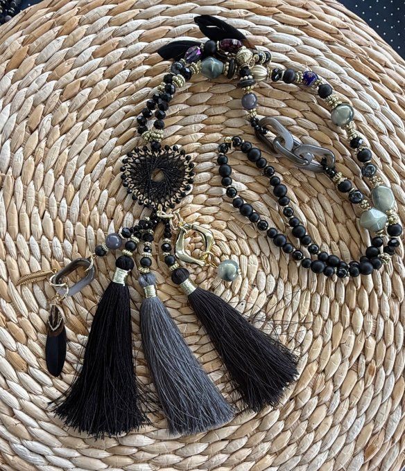 Sautoir camaïeu de gris & noir perles verre pendentif coeur qualité +++