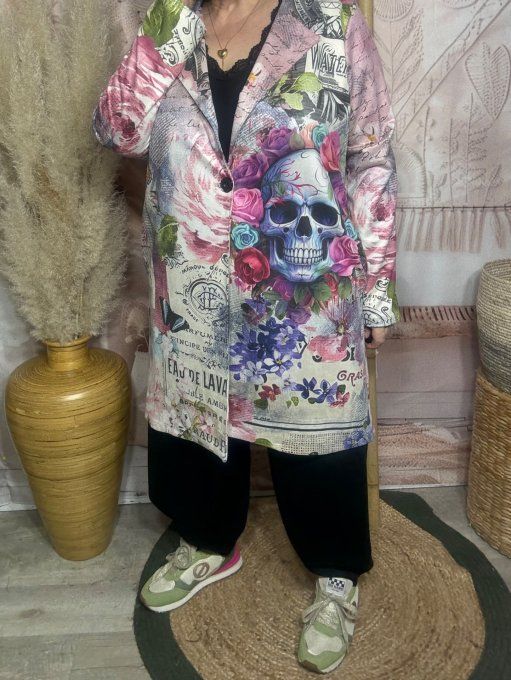 Veste longue suédine multicolore Mexican Skulls & Pink Roses du 36 au 46 et même + 