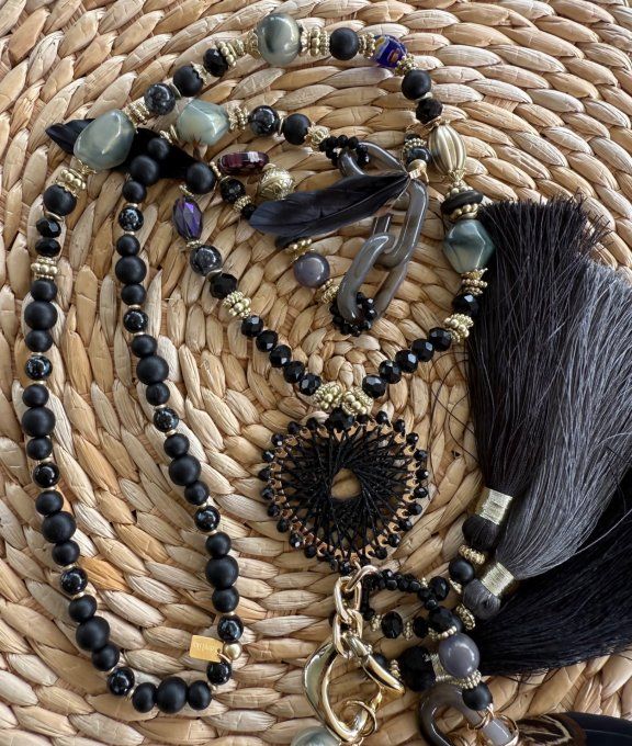 Sautoir camaïeu de gris & noir perles verre pendentif coeur qualité +++