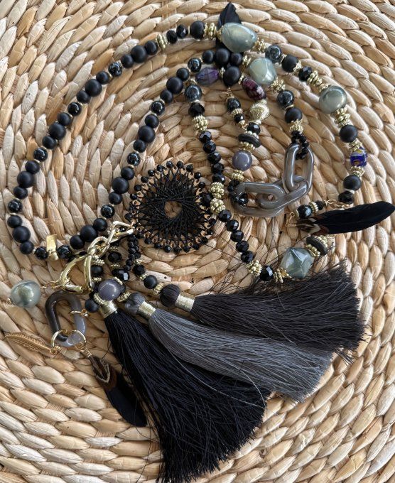 Sautoir camaïeu de gris & noir perles verre pendentif coeur qualité +++