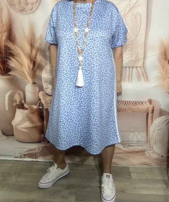 Robe-sweat ample Léopard bleu pastel & bleu lavande bandes côtés du 40 au 52 