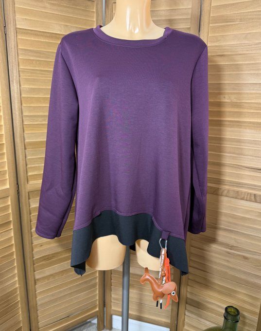 Sweat trapèze asymétrique Prune et noir + porte-clés Grigri Teckel du 40 au 52