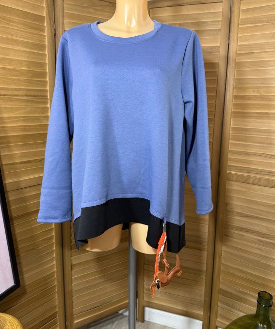 Sweat trapèze asymétrique Bleu Stone et noir + porte-clés Grigri Teckel du 40 au 52