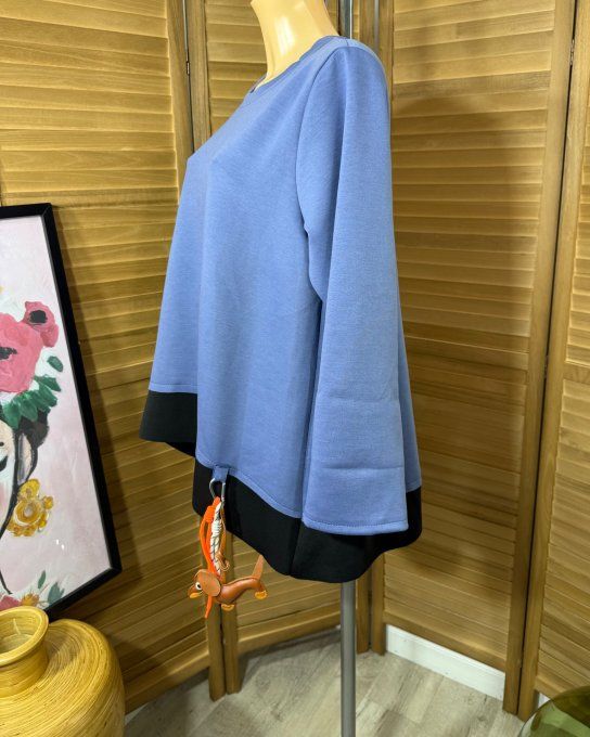 Sweat trapèze asymétrique Bleu Stone et noir + porte-clés Grigri Teckel du 40 au 52