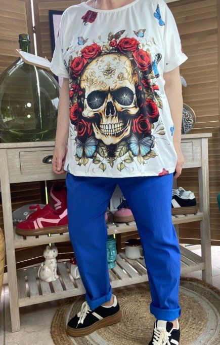 Top ample blanc Mexican Skulls & Red Roses du 38 au 48/50