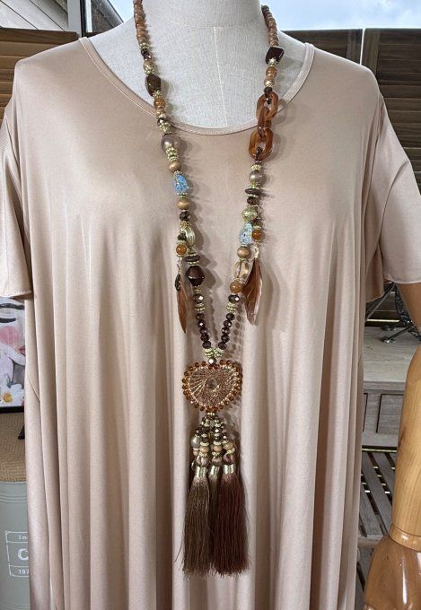 Sautoir camaïeu de marrons & chocolat perles verre pendentif coeur qualité +++