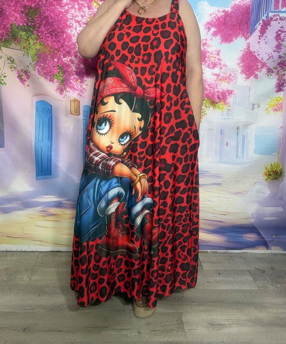 Robe à bretelles trapèze longue Lycra léopard noir et rouge Betty Boop Pinup du 40 au 50/52
