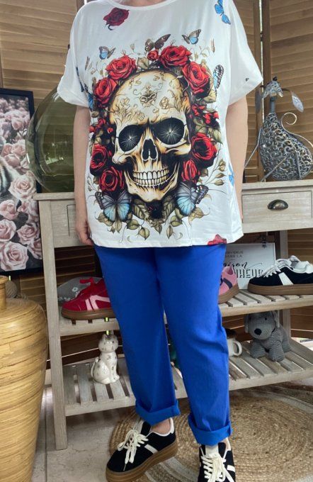 Top ample blanc Mexican Skulls & Red Roses du 38 au 48/50