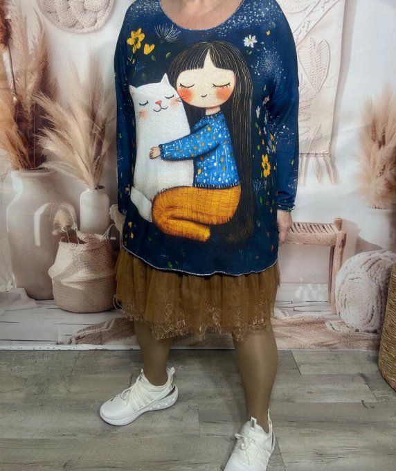 Top manches longues bleu nuit La Fillette et son chat du 40 au 50/52 