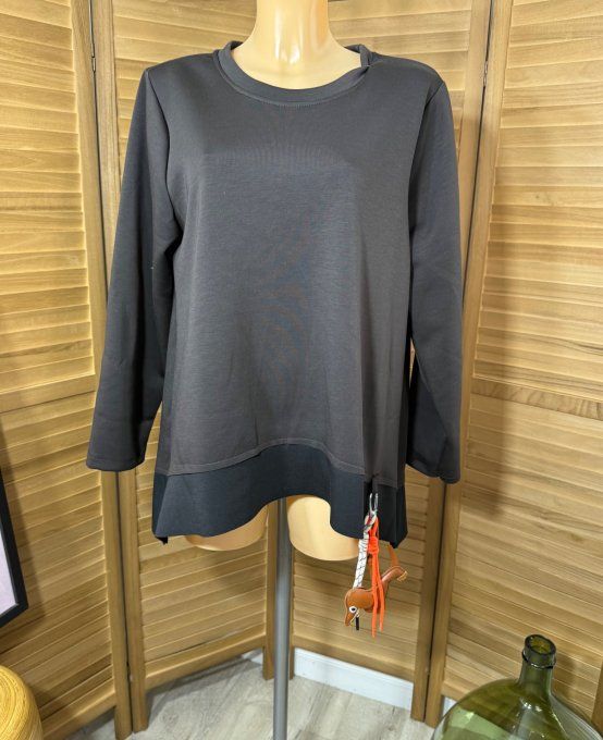 Sweat trapèze asymétrique chocolat et noir + porte-clés Grigri Teckel du 40 au 52