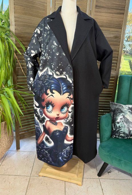 Manteau sans laine long & ample noir Glam Betty Boop du 40 au 50/52 et même +