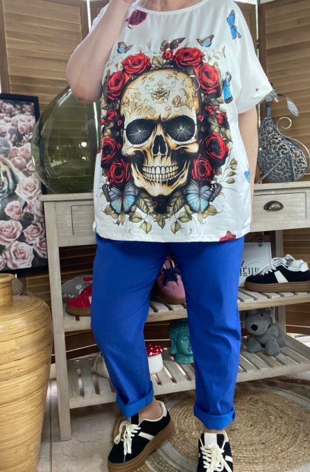 Top ample blanc Mexican Skulls & Red Roses du 38 au 48/50