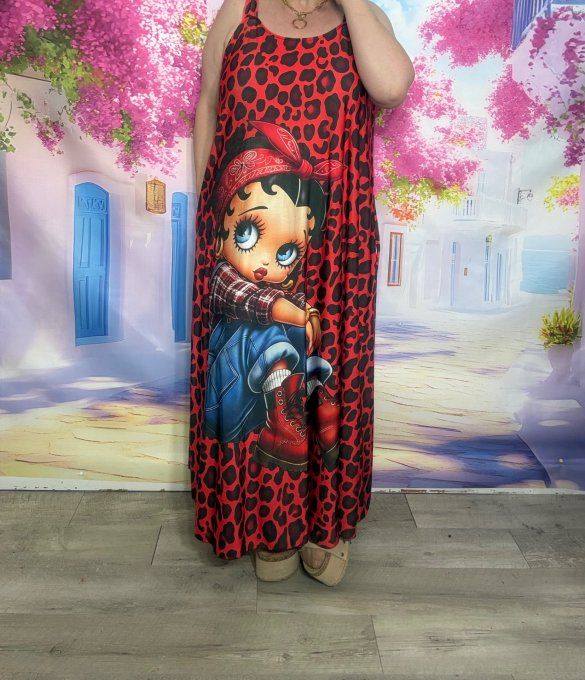 Robe à bretelles trapèze longue Lycra léopard noir et rouge Betty Boop Pinup du 40 au 50/52