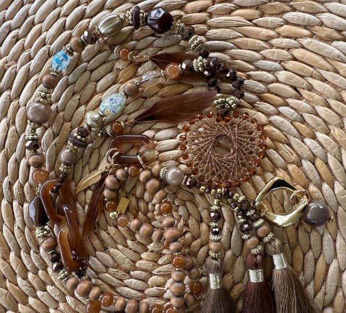 Sautoir camaïeu de marrons & chocolat perles verre pendentif coeur qualité +++