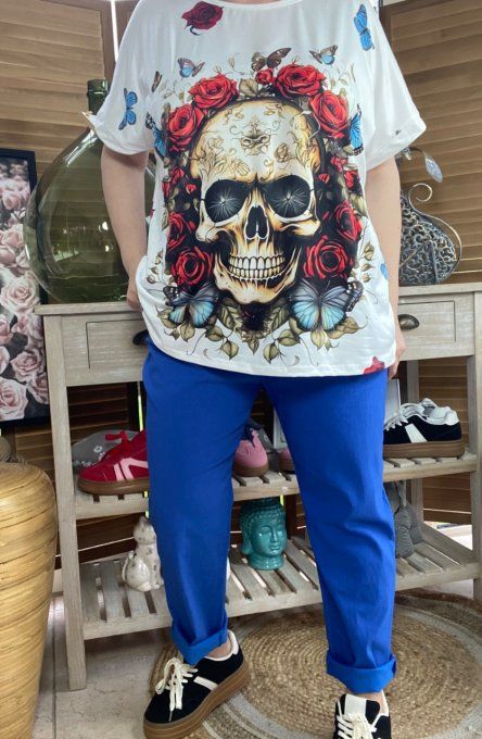 Top ample blanc Mexican Skulls & Red Roses du 38 au 48/50