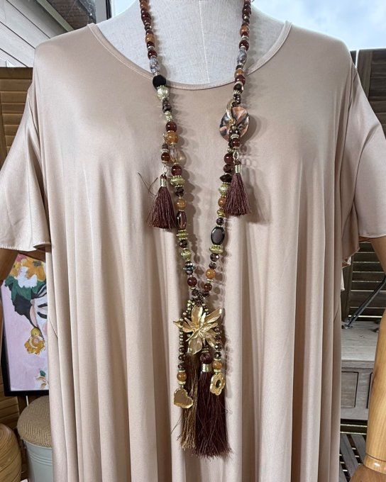 Sautoir camaïeu de marrons & chocolat perles verre pendentif fleur qualité +++