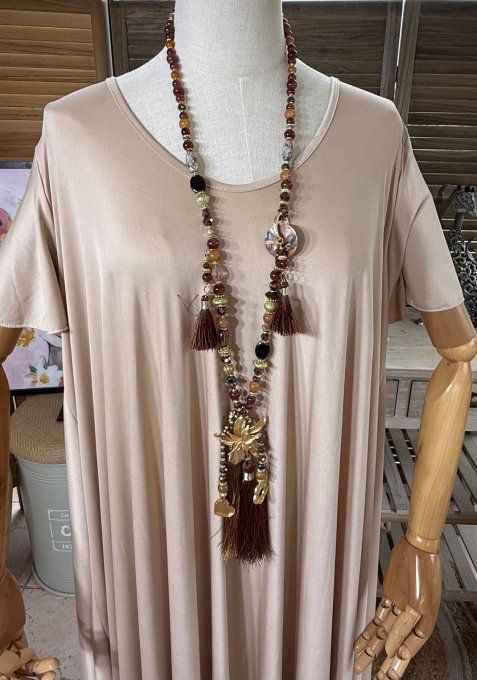 Sautoir camaïeu de marrons & chocolat perles verre pendentif fleur qualité +++