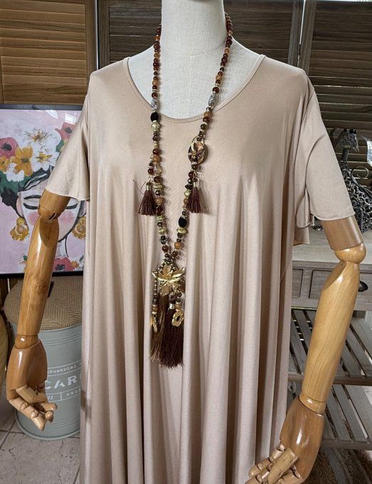 Sautoir camaïeu de marrons & chocolat perles verre pendentif fleur qualité +++