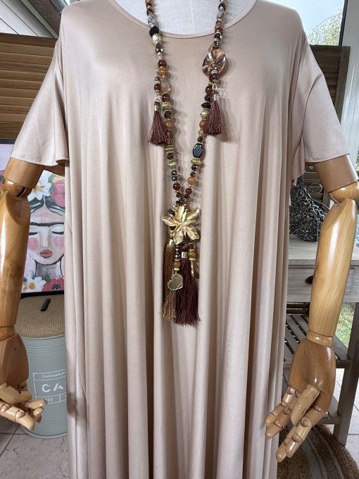 Sautoir camaïeu de marrons & chocolat perles verre pendentif fleur qualité +++