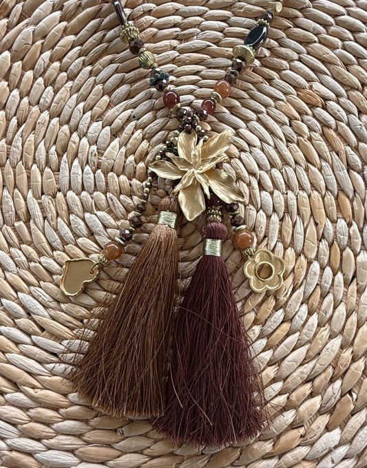 Sautoir camaïeu de marrons & chocolat perles verre pendentif fleur qualité +++