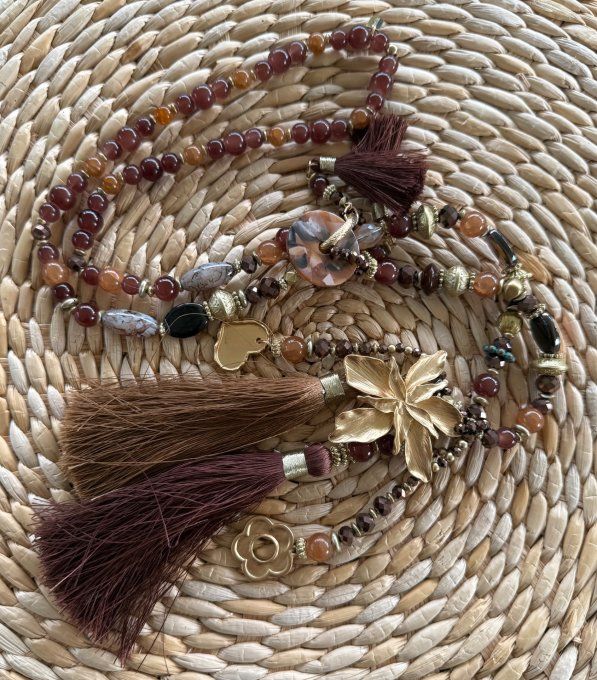 Sautoir camaïeu de marrons & chocolat perles verre pendentif fleur qualité +++