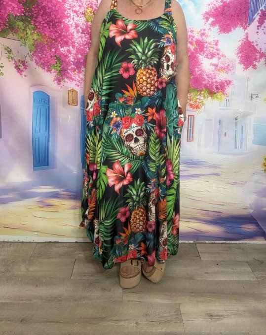 Robe à bretelles trapèze longue Mexcian Skulls Calaveras Tropical Vibes du 40 au 50/52  