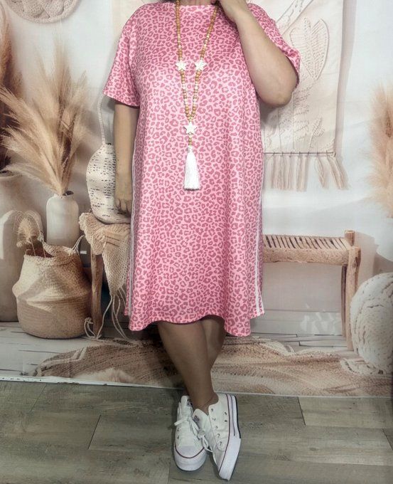 Robe-sweat ample Léopard rose pastel & rose foncé bandes côtés du 40 au 52 