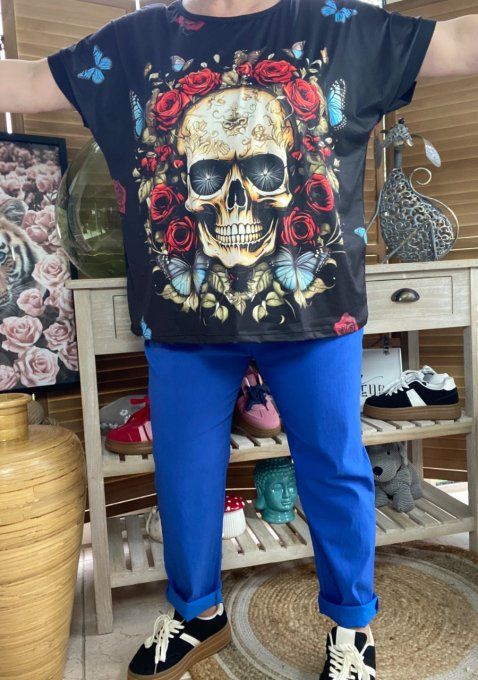 Top ample noir Mexican Skulls & Red Roses du 38 au 48/50