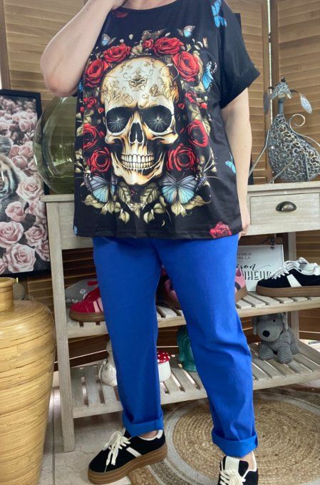 Top ample noir Mexican Skulls & Red Roses du 38 au 48/50