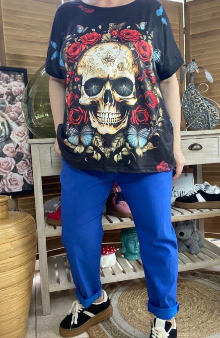 Top ample noir Mexican Skulls & Red Roses du 38 au 48/50