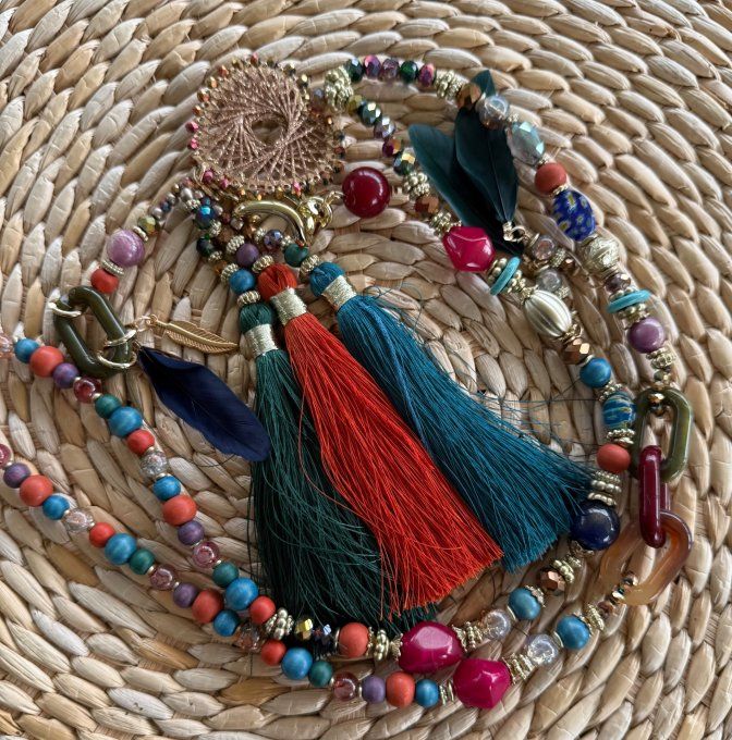 Sautoir camaïeu couleurs automnales perles verre pendentif coeur qualité +++